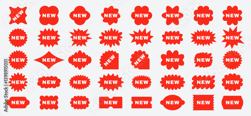 New product labels. Red stickers with "New" labels in price tag, circular badges and spark shape frames for sale, special offer and new arrival promotion. Isolated vector set