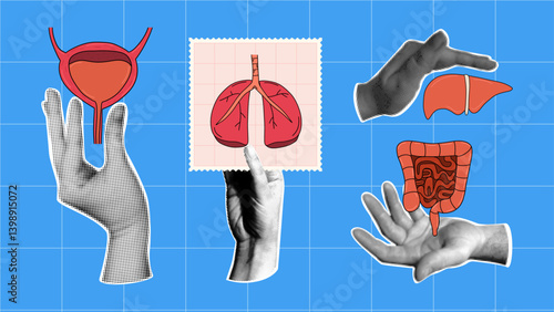 Set of retro collage elements with halftone hands and human organs with bladder, lungs, liver, and intestines. Anatomical and medical graphic elements.