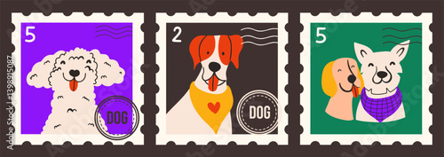 Set of postage stamps with cute colorful hand-drawn dog portraits. Graphic design elements with pets