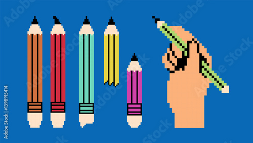 Set of different colored pencils in nostalgic pixel art style. School supplies in gaming 8-bit style.
