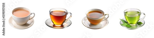Different types of tea collection, hot beverage assortment, tea cups and saucers variety on transparent background