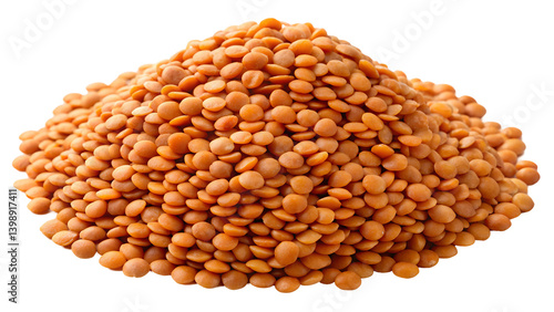 Red lentils pile close up photography for healthy eating and vegan food recipes concept on transparent background