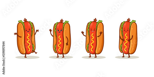 set of cartoon hot dog isolated on white background. Cute hotdog in flat style for card, menu, valentines day. Fast food character. Vector illustration


