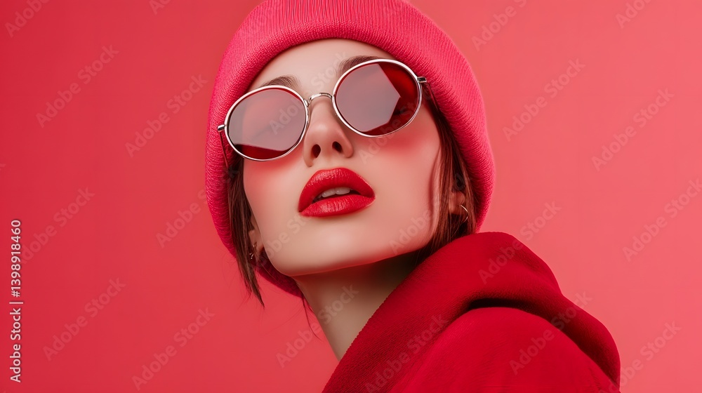 A portrait of a fashionable woman in red with red lips wearing sunglasses and a hat A portrait of a fashionable woman in red with red lips wearing sunglasses and a hat