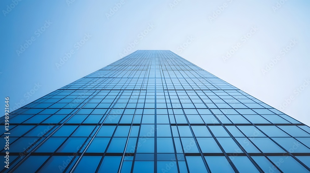 a modern skyscraper towering towards the clear blue sky, showcasing its sleek glass facade and architectural design