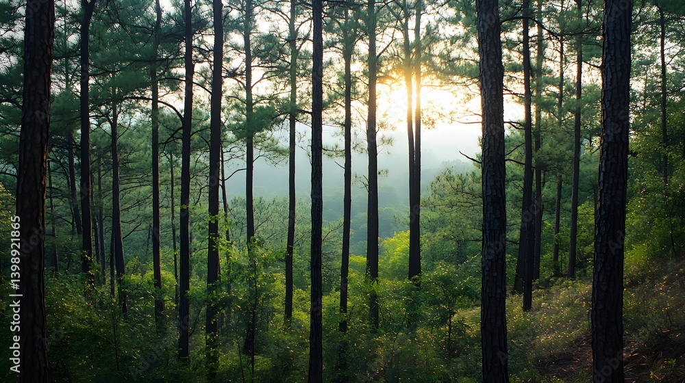 Obraz premium sun shining through trees in a forest during daytime