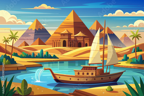 vector of Traditional wooden sailboat on the Nile River with the Pyramids of Giza in the background