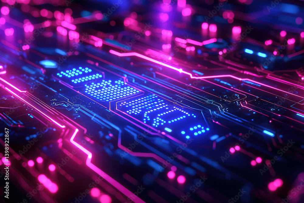 Obraz premium Abstract futuristic circuit board with glowing neon pink and blue lines, data streams, and digital patterns.