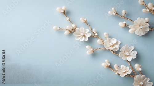 Elegant sprigs of white flowers with delicate pearl-like accents, gracefully arranged on a soft pastel blue backdrop. This image evokes a sense of purity and beauty.