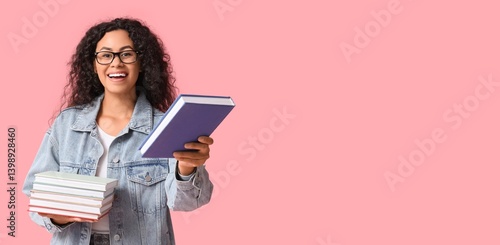 Happy young African-American woman holding many books on pink background with...