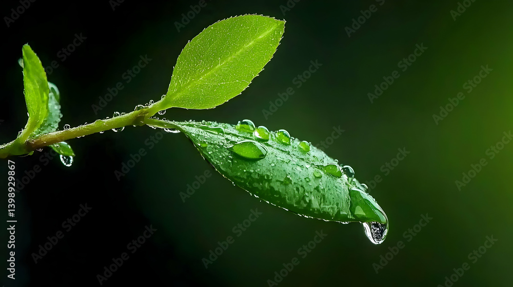 Dew Drops On Green Leaves In Nature Dew Drops On Green Leaves In Nature