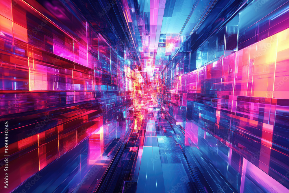 Obraz premium Abstract digital art depicting a vibrant, neon-lit tunnel of interconnected geometric shapes.