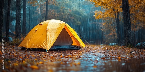 A yellow tent sits in a forest during a heavy autumn rain. Fallen leaves cover the ground. Perfect for travel, camping, and nature blogs. photo