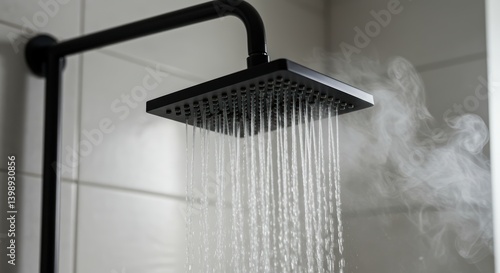 Hot Water Shower Flowing with Steam and Modern Fixtures in Bathroom