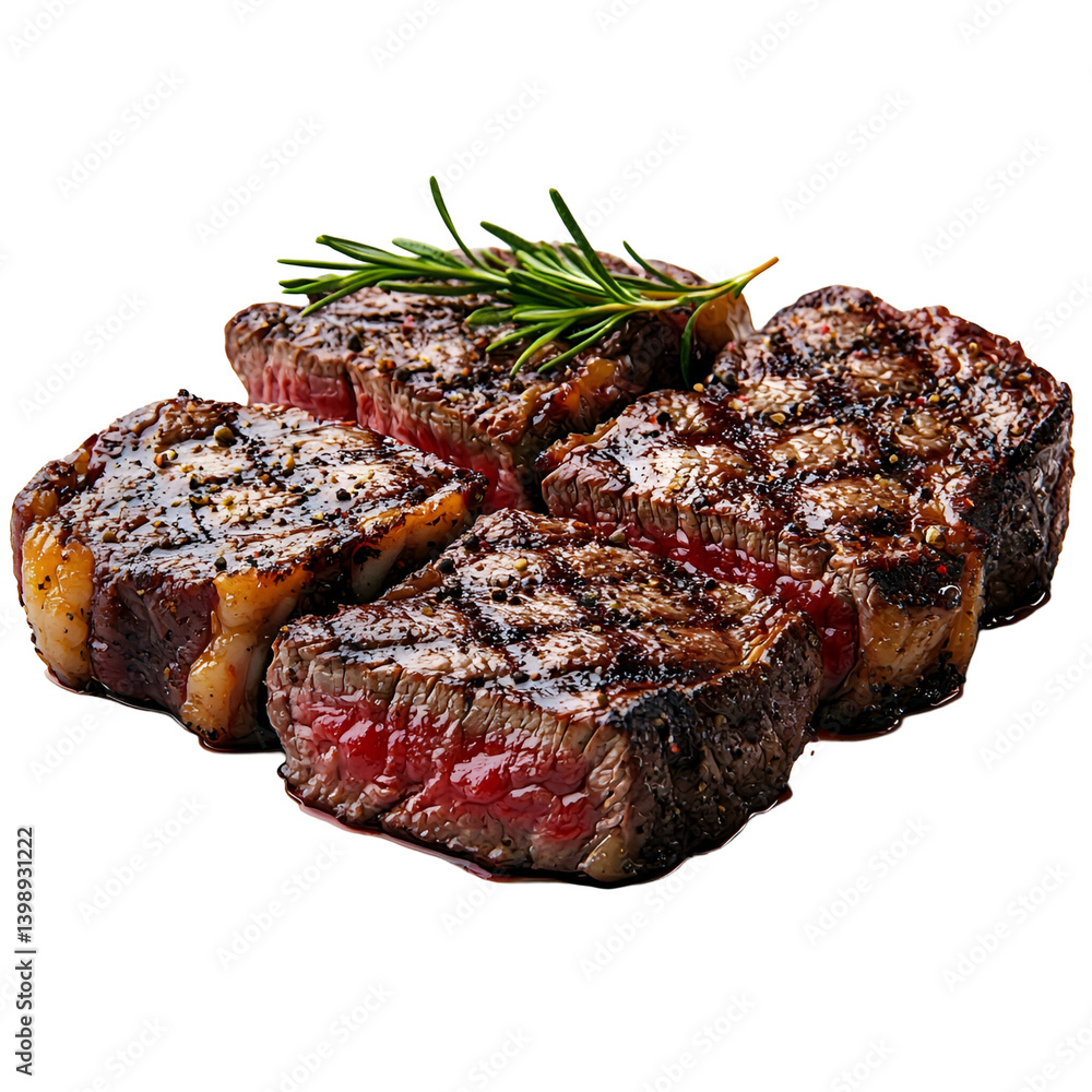 Grilled Juicy Steak with Beautiful Char Marks and a Sprig of Fresh Rosemary Isolated on Transparent Background Grilled Juicy Steak with Beautiful Char Marks and a Sprig of Fresh Rosemary Isolated on Transparent Background