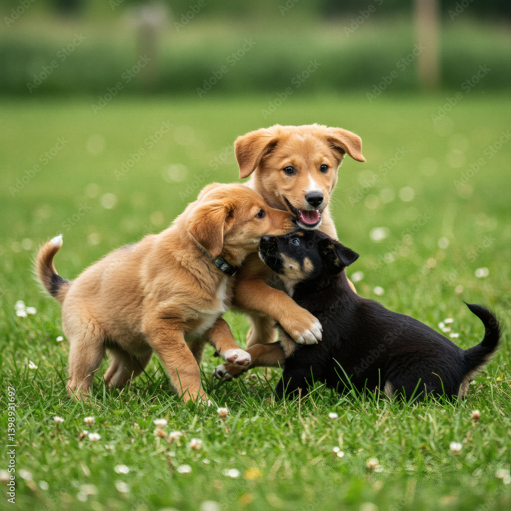 Adorable Puppy Trio Playing Joyfully in a Lush Green Field Adorable Puppy Trio Playing Joyfully in a Lush Green Field