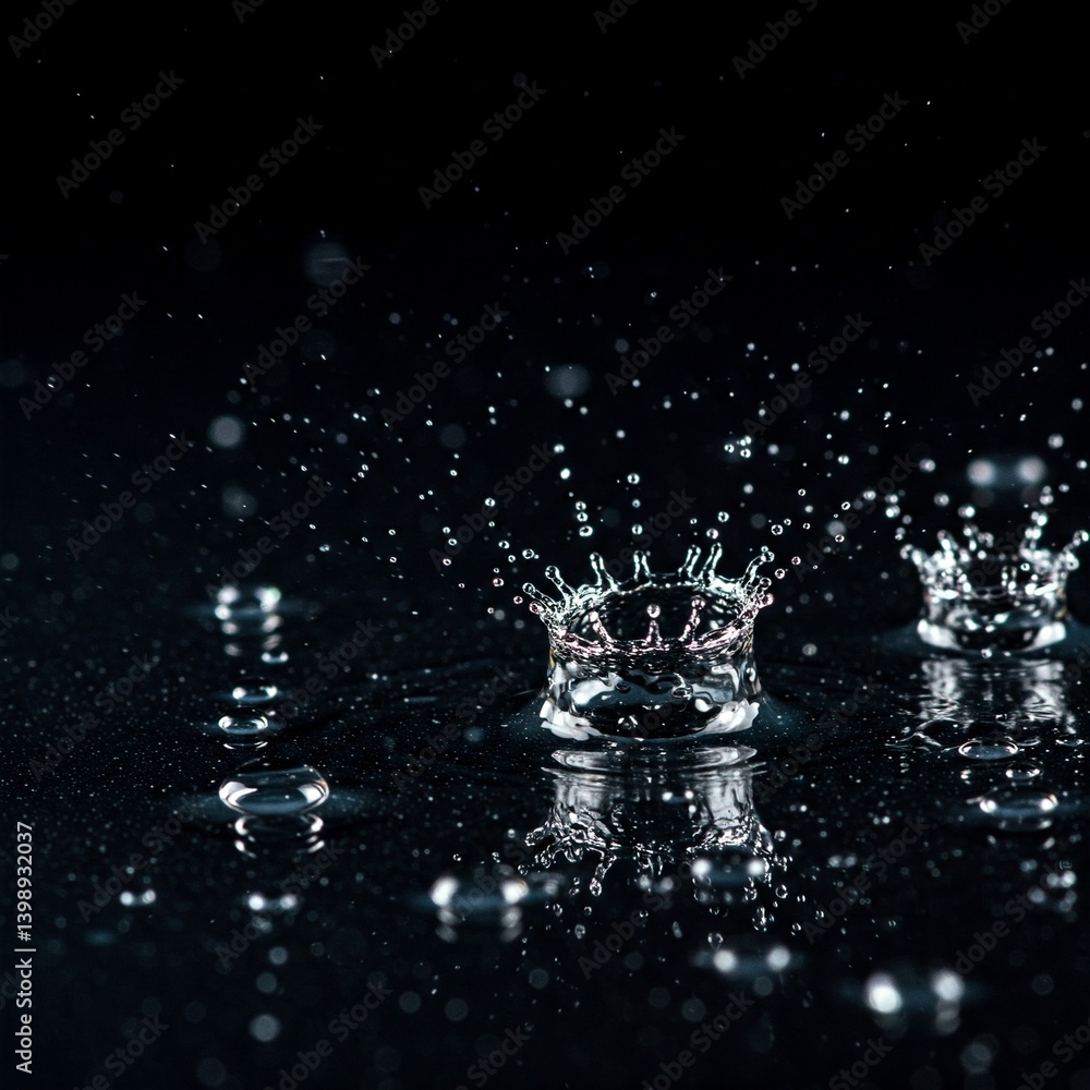 Water drops, glossy black, slow motion, clean surface, liquid shot Water drops, glossy black, slow motion, clean surface, liquid shot