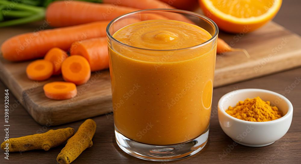 Bright orange smoothie in glass with carrot, orange, and turmeric accents, a healthy and delicious beverage for a vibrant start to the day. Bright orange smoothie in glass with carrot, orange, and turmeric accents, a healthy and delicious beverage for a vibrant start to the day.
