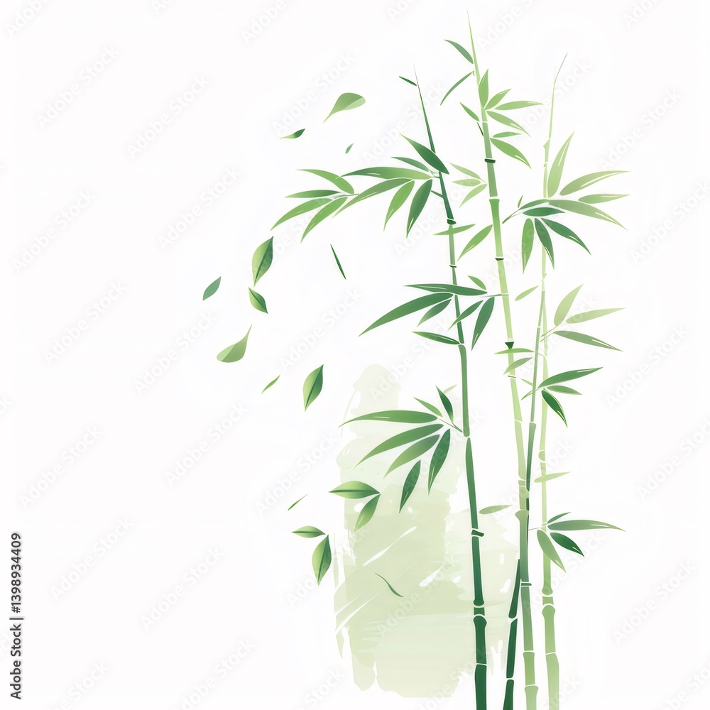 Watercolor Bamboo Illustration with Green Leaves and Stems against a White Background Watercolor Bamboo Illustration with Green Leaves and Stems against a White Background