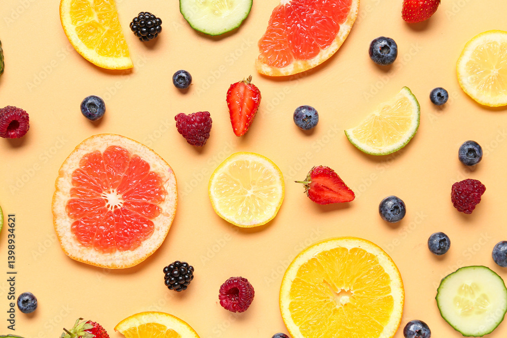 Composition with fresh fruits and berries for lemonade on beige background Composition with fresh fruits and berries for lemonade on beige background