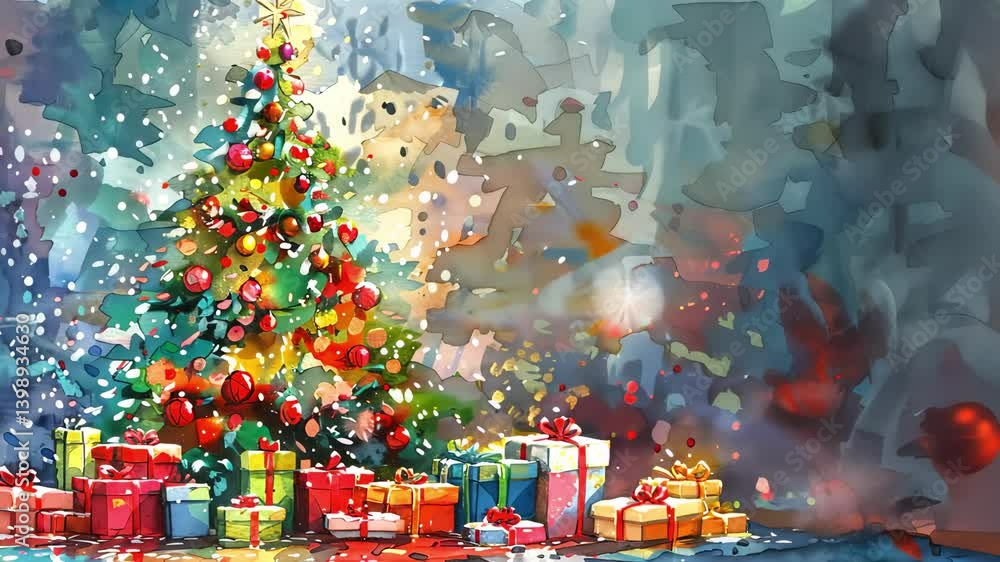 Watercolor christmas tree with sparkling ornaments and gifts. concepts of festive celebration, holiday spirit, joyful decorations, animation
