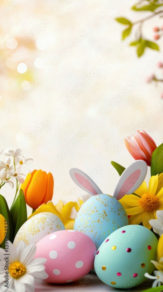 Colorful Easter eggs with bunny ears surrounded by spring flowers in bright sunlight, perfect for egg hunt theme Colorful Easter eggs with bunny ears surrounded by spring flowers in bright sunlight, perfect for egg hunt theme