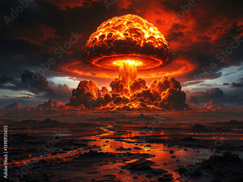 Dramatic image of a nuclear explosion with a fiery mushroom cloud rising over a barren wasteland.