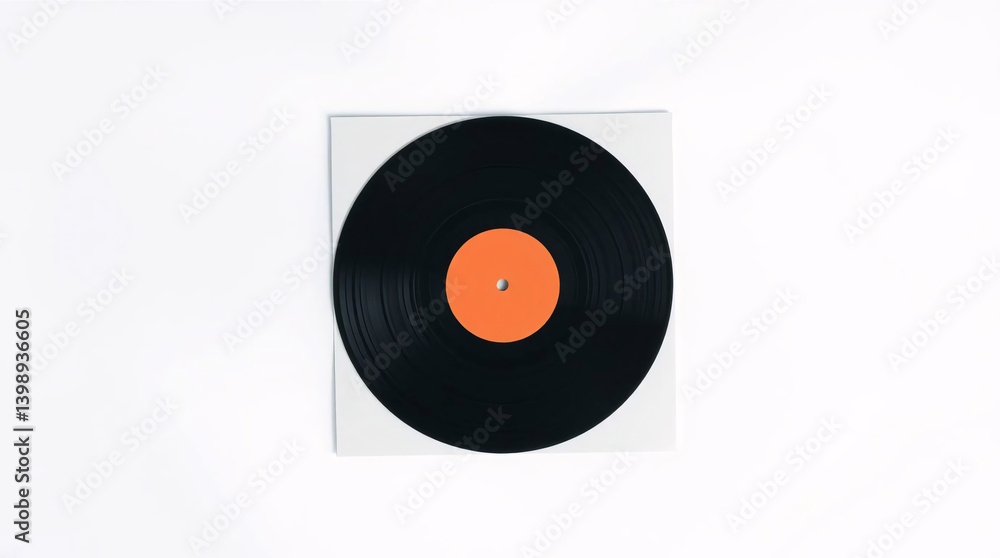 Fototapeta premium A minimalist image of a black vinyl record with an orange label, set against a clean white background.