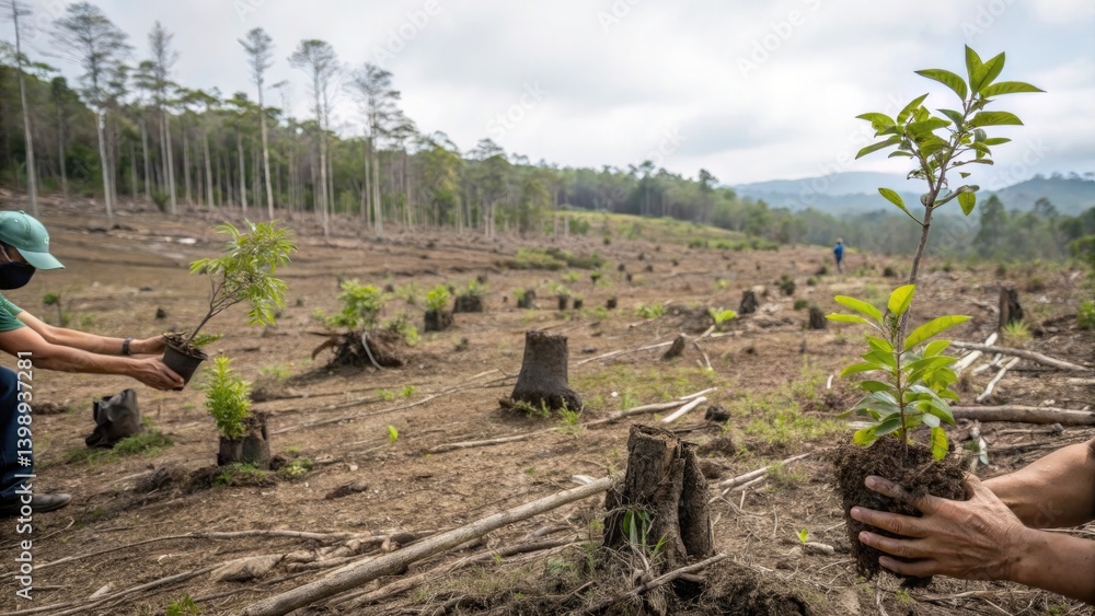 Obraz premium Climate change renewable energy sustainability concept, Reforestation efforts in a deforested landscape with saplings being planted.