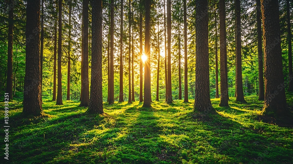 Fototapeta premium Sunlight filters through forest canopy