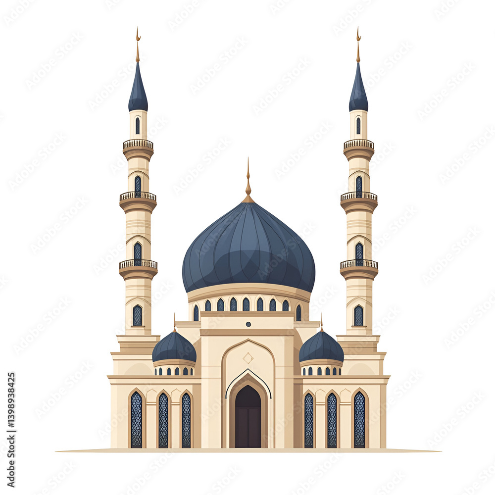 Fototapeta premium Detailed Mosque Structure With Beautiful Blue Dome And Tall Minarets Surrounded By Ornate Designs And Architectural Elements On A Transparent Background