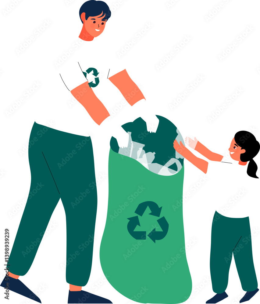 volunteer and children collecting garbage. Environmentalism and Plastic awareness.