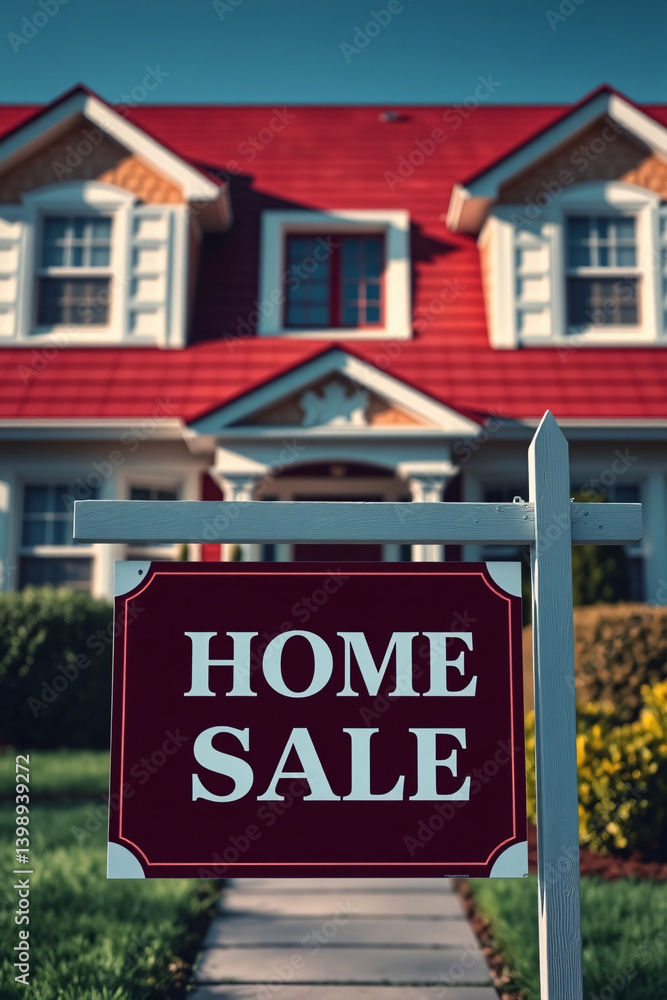 Obraz premium House, Home, Sale, For Sale, Real Estate, Property, Residential, Sign, Red, White, Blue, Roof, Windows, Door, Lawn, Grass, Pathway, Suburban, Neighborhood, Curb Appeal, Listing, Market, Buy, Sell, Age