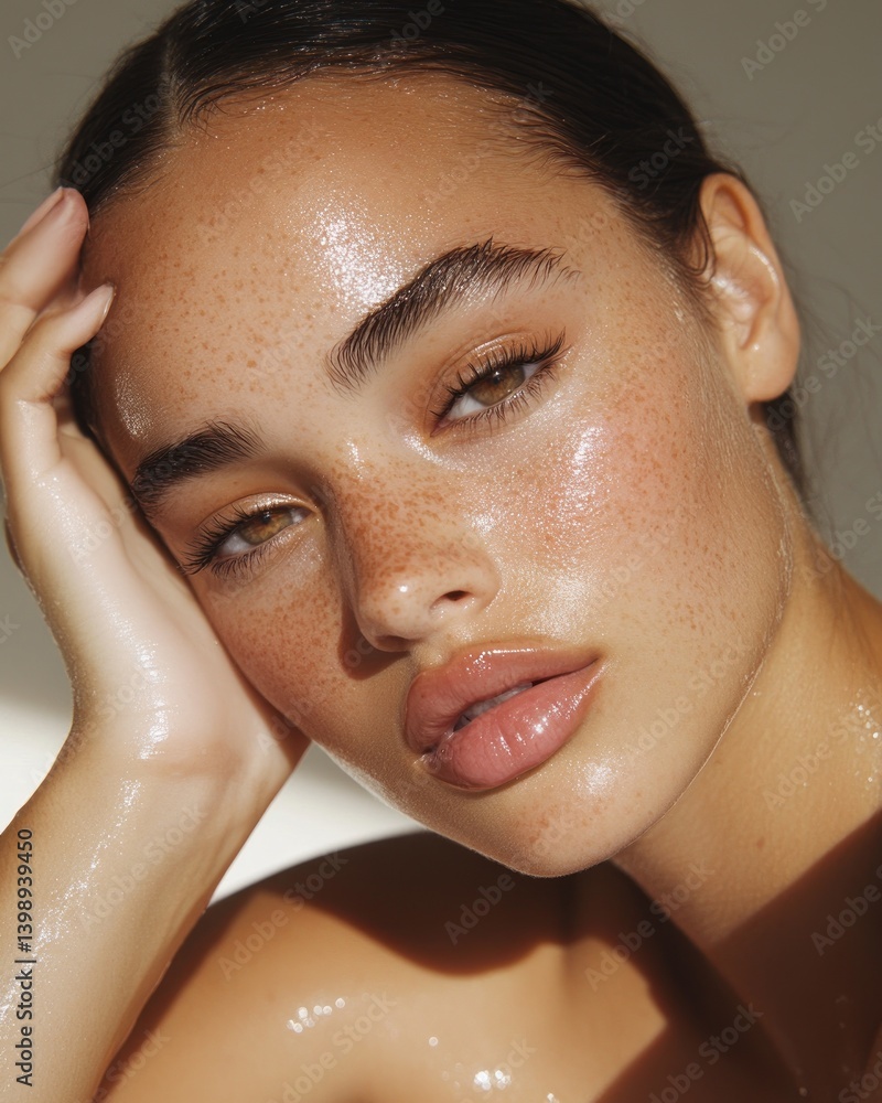 Naklejka premium Woman portrait shiny skin face beauty natural complexion