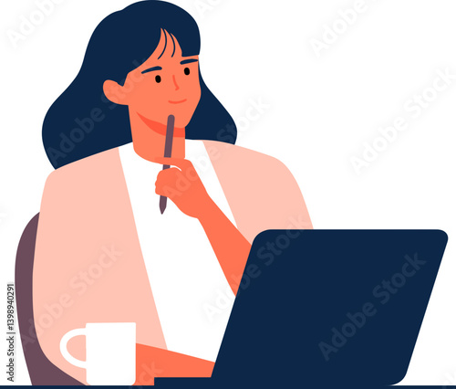 smiling woman sitting at the cafe with coffee and laptop holding a pen and think idea cartoon
