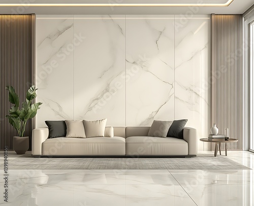 Fototapeta Naklejka Na Ścianę i Meble -  3D rendering of a modern living room interior with white marble floor tiles and beige wall panels