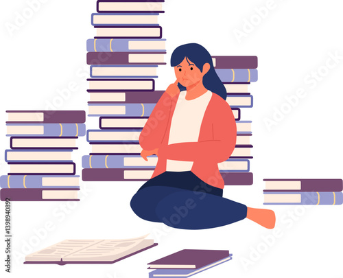 Confused and displeased girl woman reading book and has a questions with stack of book