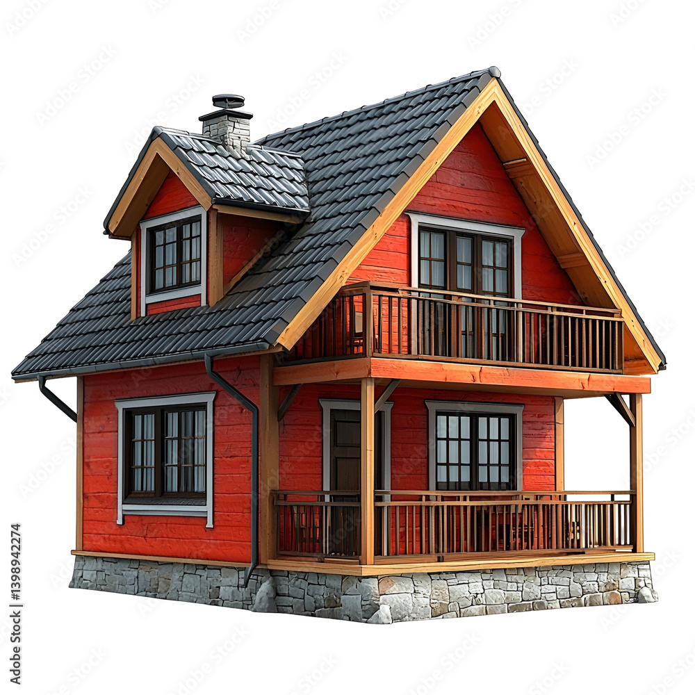 Detailed Red Wooden House with Stone Foundation and Gabled Roof Featuring Veranda and Balcony on a Transparent Background Detailed Red Wooden House with Stone Foundation and Gabled Roof Featuring Veranda and Balcony on a Transparent Background