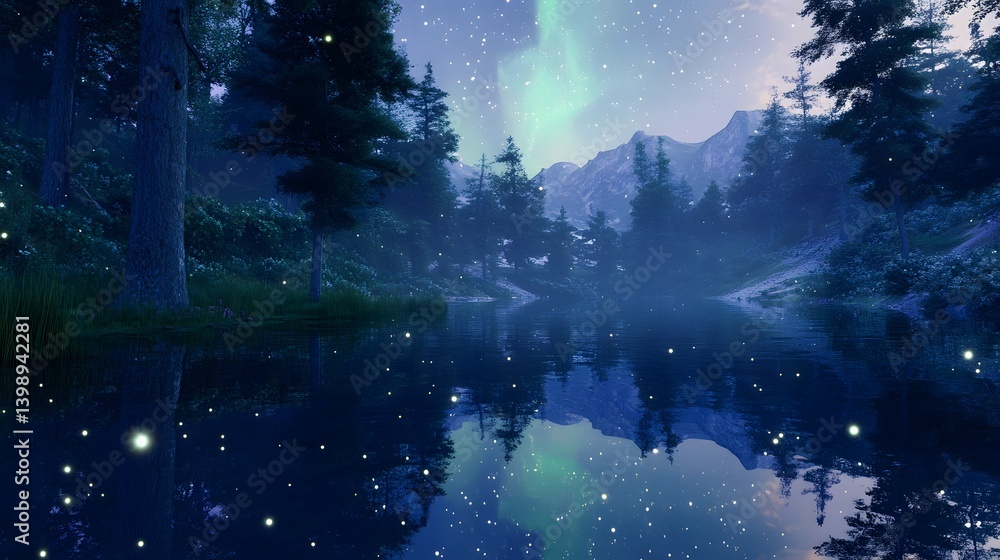 magical night scene with aurora borealis reflecting in a calm lake surrounded by a pine forest magical night scene with aurora borealis reflecting in a calm lake surrounded by a pine forest
