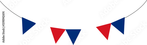 Happy bastille day. Red, white and blue flag party triangular flags background.