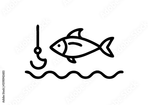 Fishing, Cute icon with black line drawing.