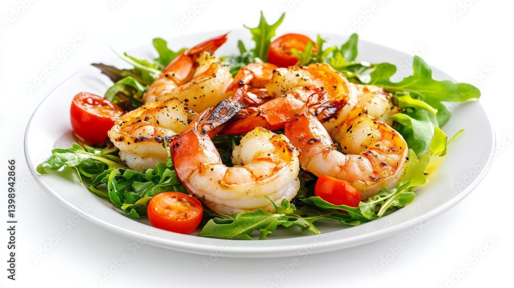 Fresh grilled shrimp salad with arugula and cherry tomatoes on white plate. Fresh grilled shrimp salad with arugula and cherry tomatoes on white plate.