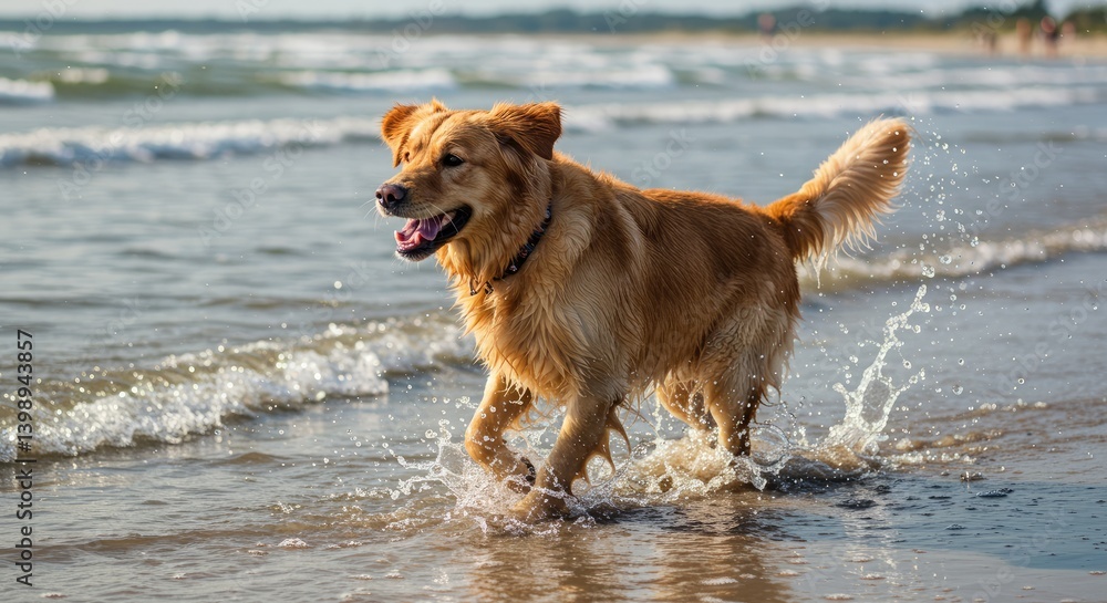Golden Retriever Dog Running Through Ocean Water on Sandy Beach with Sunlight and Splashes Golden Retriever Dog Running Through Ocean Water on Sandy Beach with Sunlight and Splashes