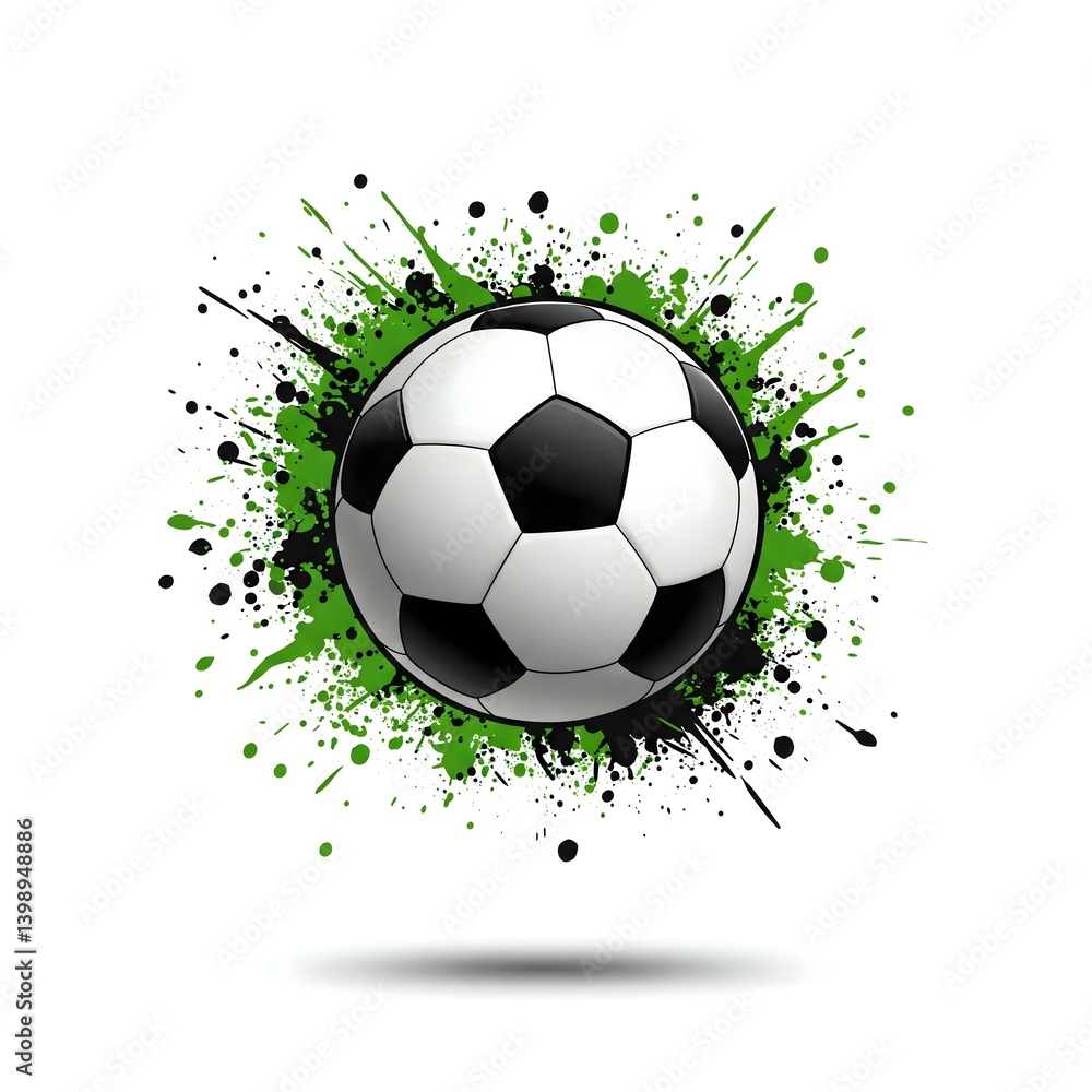 Naklejka premium Soccer Ball with Green and Black Paint Splatter