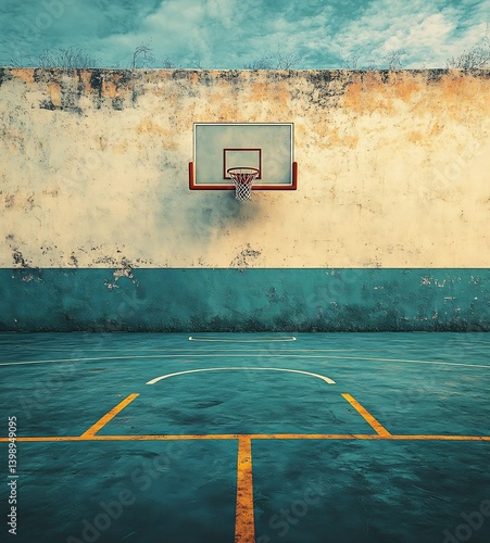 Rustic outdoor basketball court featuring cracked walls and a classic hoop : Generative AI