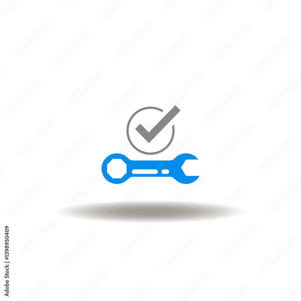 Vector illustration of wrench and check mark. Symbol of maintenance. Icon of fixing.