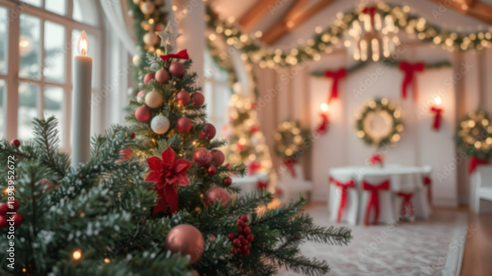 Blurred Christmas Trees Decoration Interior Background . Cozy Traditional Festive Holiday Scene Blurred Christmas Trees Decoration Interior Background . Cozy Traditional Festive Holiday Scene