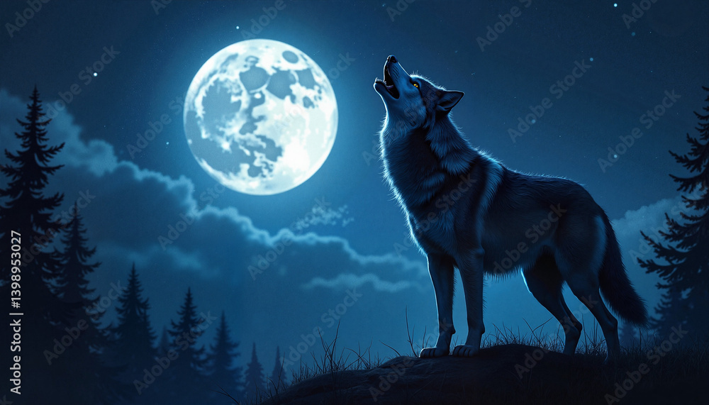 Wolf Howling Under Full Moon in Dark Forest Background, creative digital illustrations Wolf Howling Under Full Moon in Dark Forest Background, creative digital illustrations