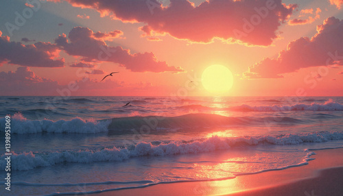 Serene sunset with ocean waves and clouds in a pastel sky, creative digital illustrations   