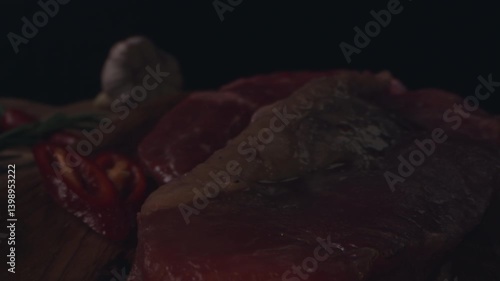 Chef preparing to cooking steak. Raw organic beef meat with rosemary, seasonings, salt and red pepper  on wooden cutting board, close-up. Slow motion